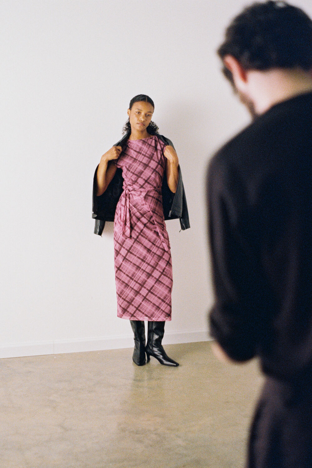 Pink Check Mesh Midi Dress