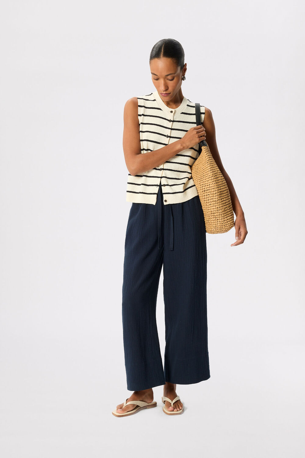 Navy Petite Wide Crop Cheesecloth Trouser