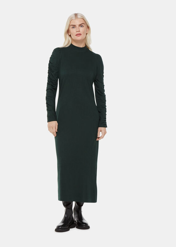 Dark Green Petite Ruched Sleeve Jersey Dress