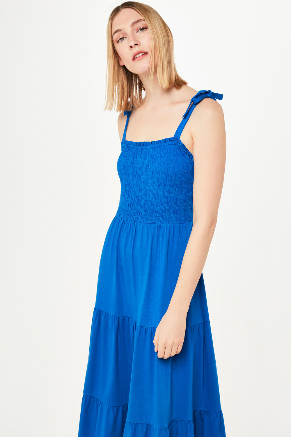 Blue Smocked Tiered Jersey Dress
