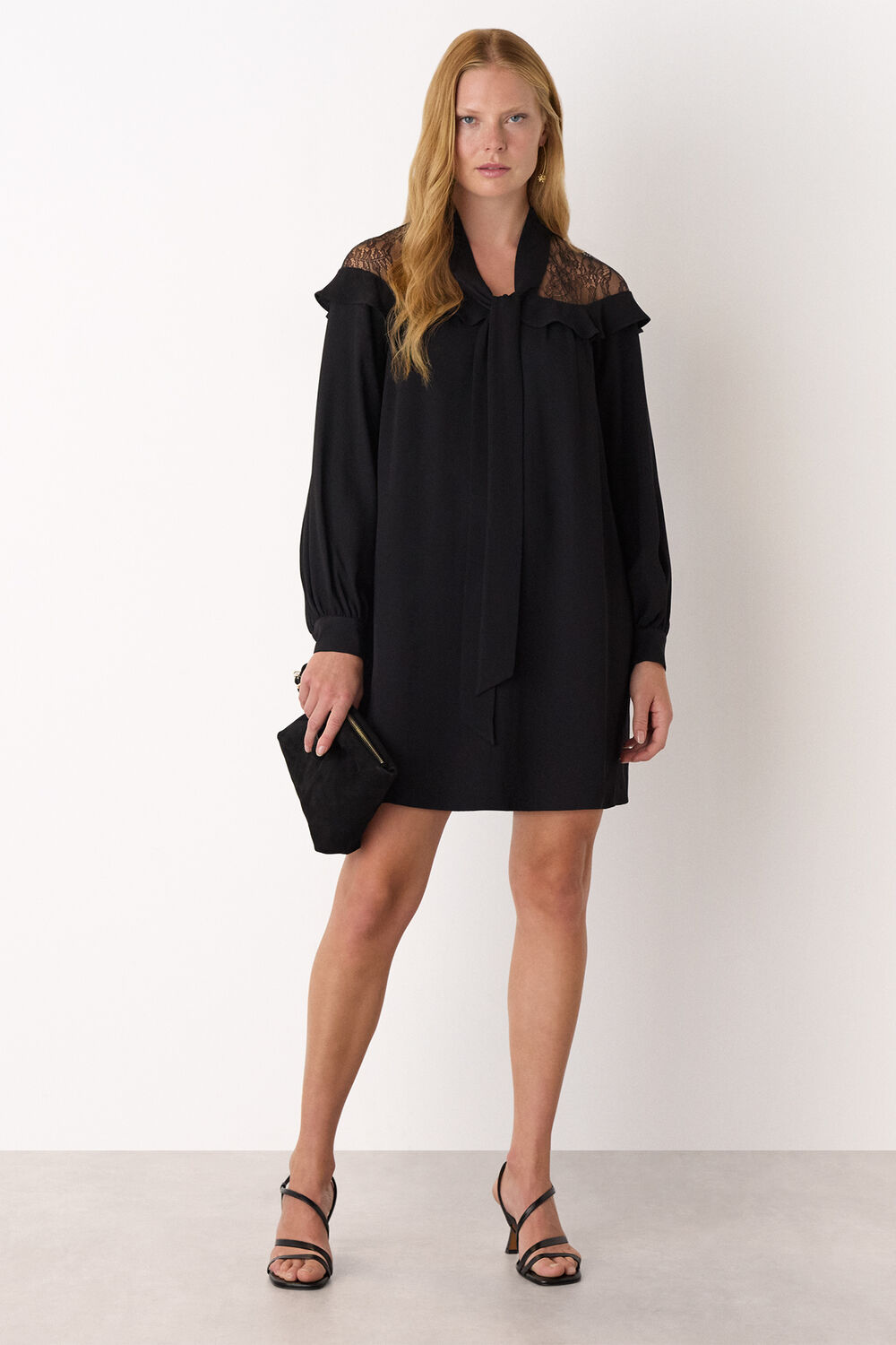 Black Lace Detail Crepe Mini Dress