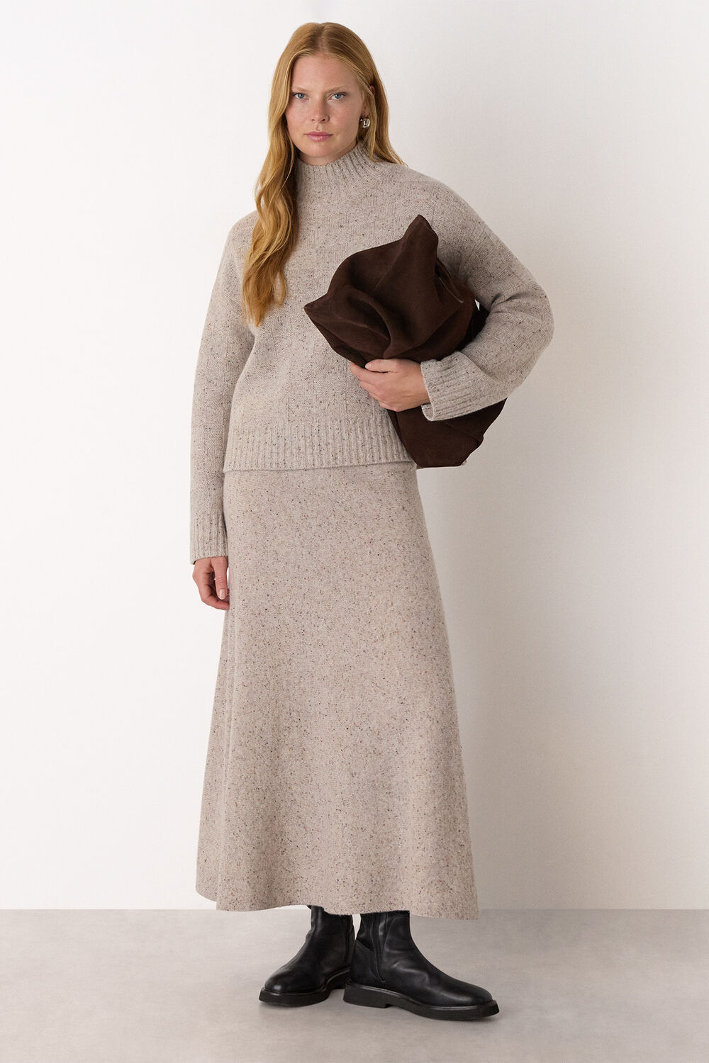 Neutral Wool Textured Midi Skirt