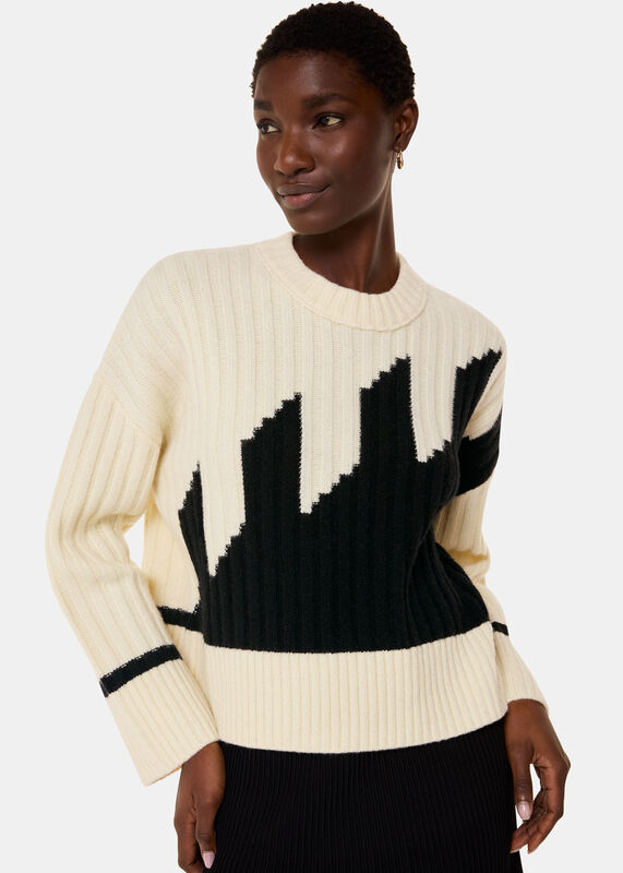 Ivory Graphic Intarsia Wool Sweater