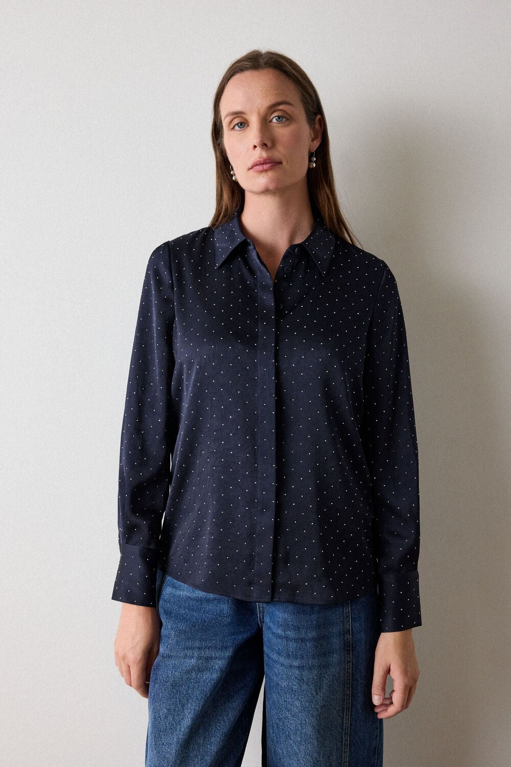 Navy Hot Fix Hammered Satin Shirt