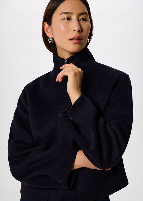 Navy Funnel Neck Double Face Jacket