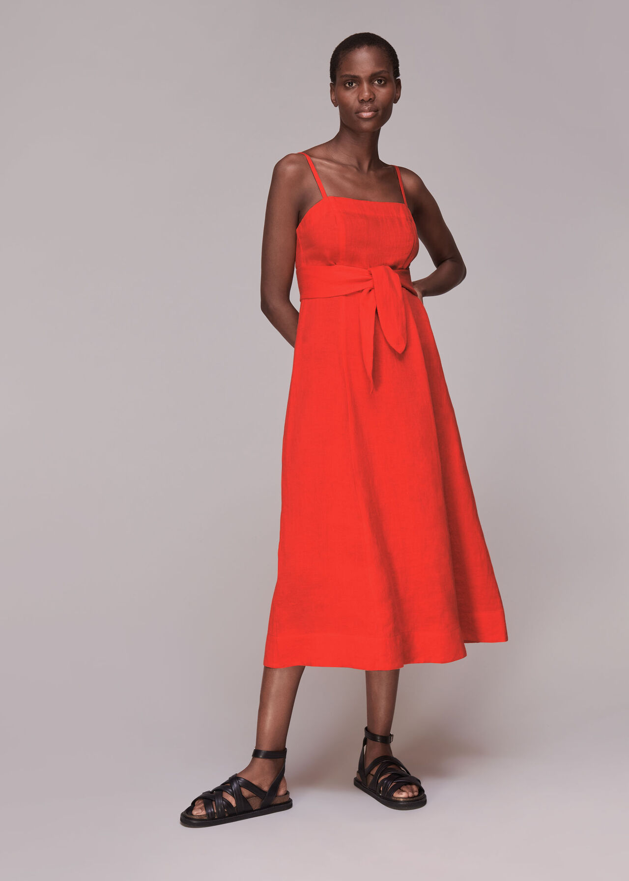 Red Linen Tie Front Strappy Dress | WHISTLES | Whistles UK