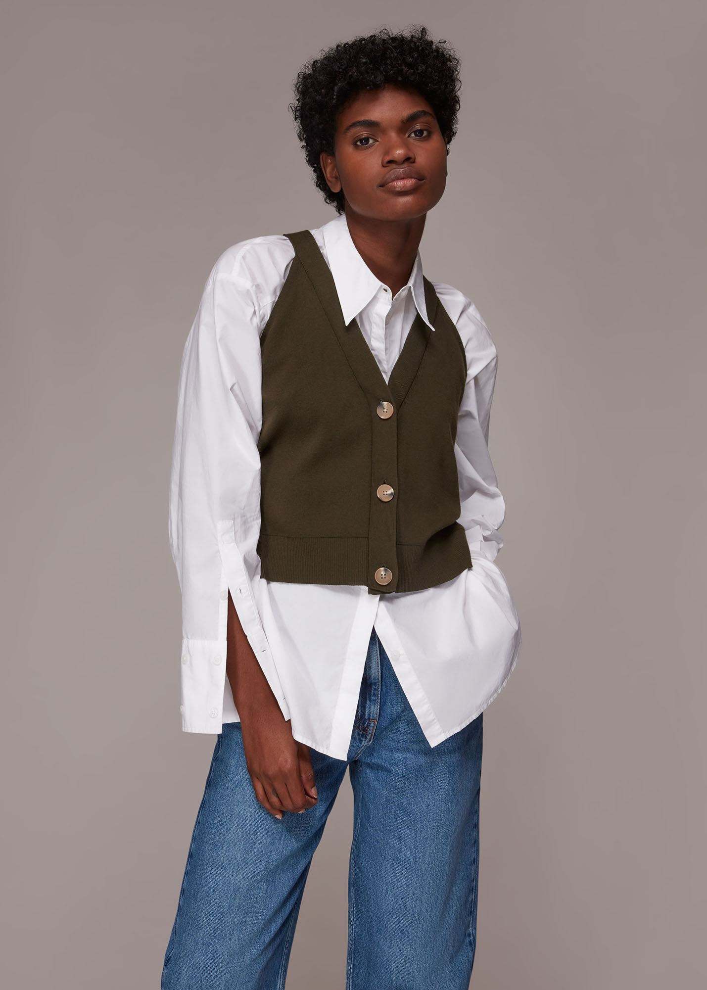 Khaki Knitted Button Through Vest | WHISTLES |