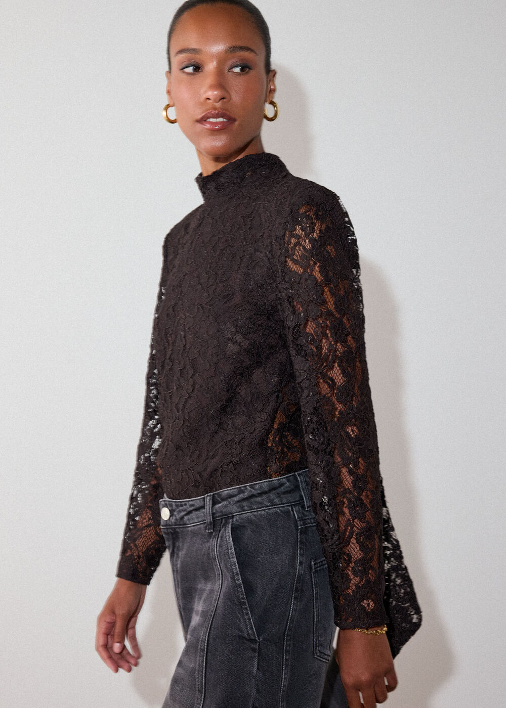 Chocolate Lace Power Shoulder Top