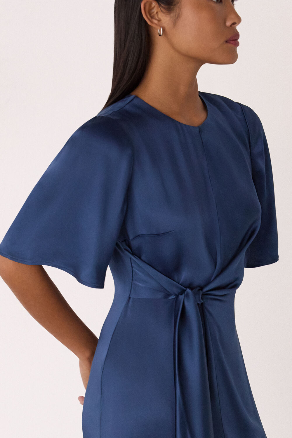 Blue Petite Satin Twist Waist Midi Dress