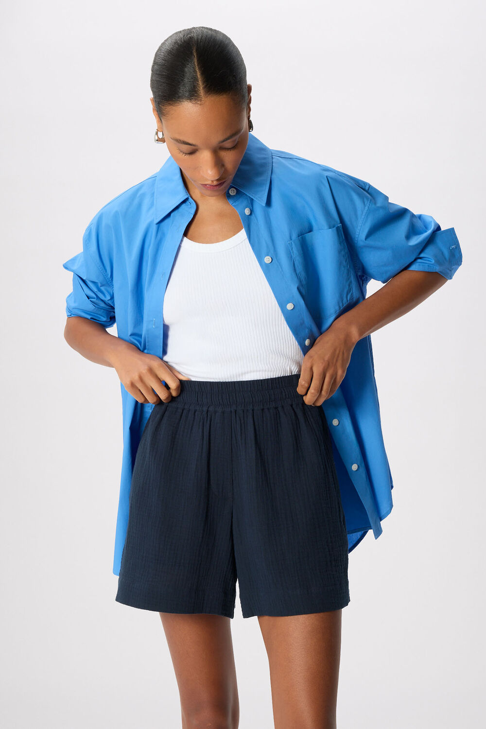 Navy Pull On Cheesecloth Short