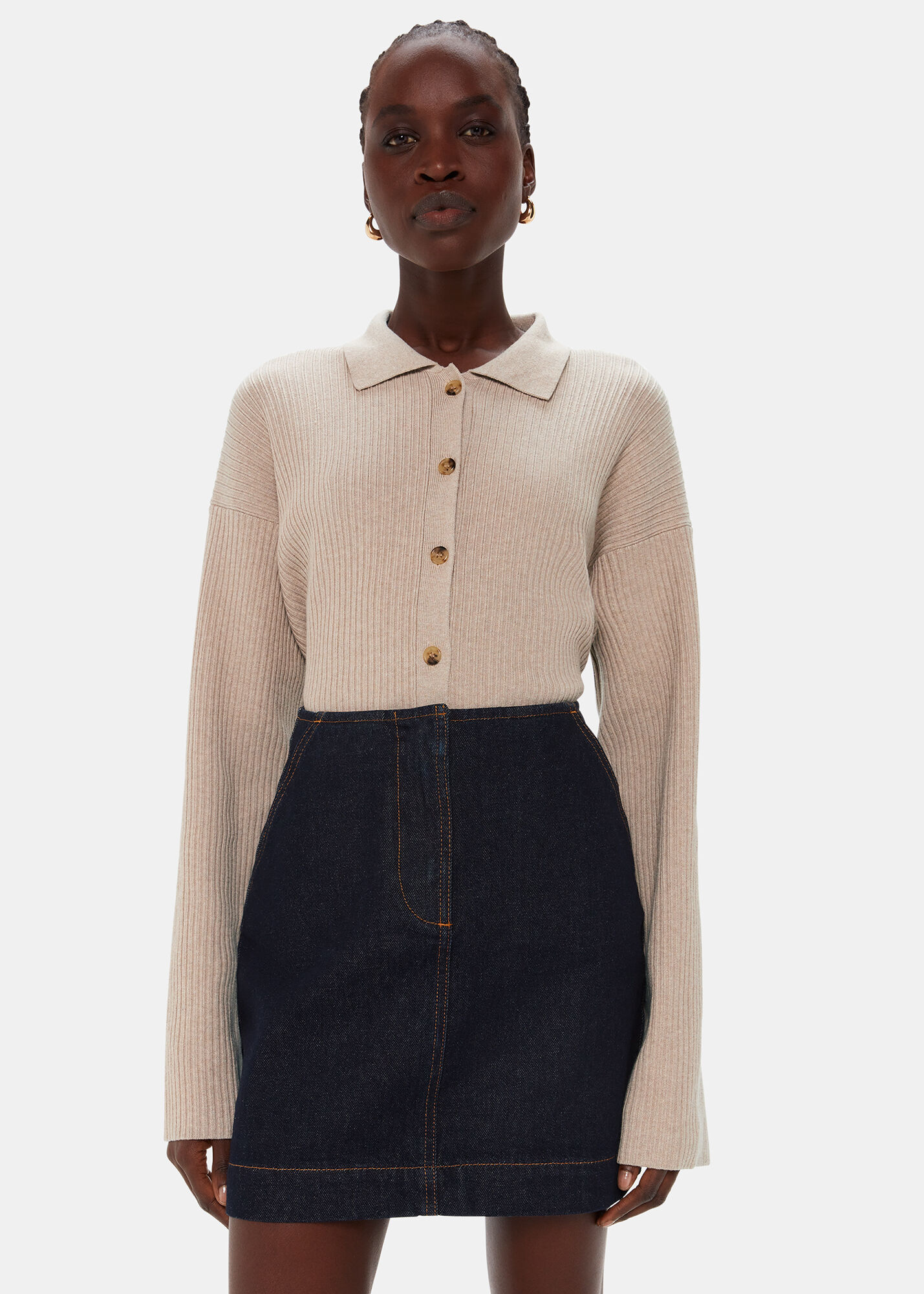 Oatmeal Rib Collar Cardigan | WHISTLES | Whistles US |