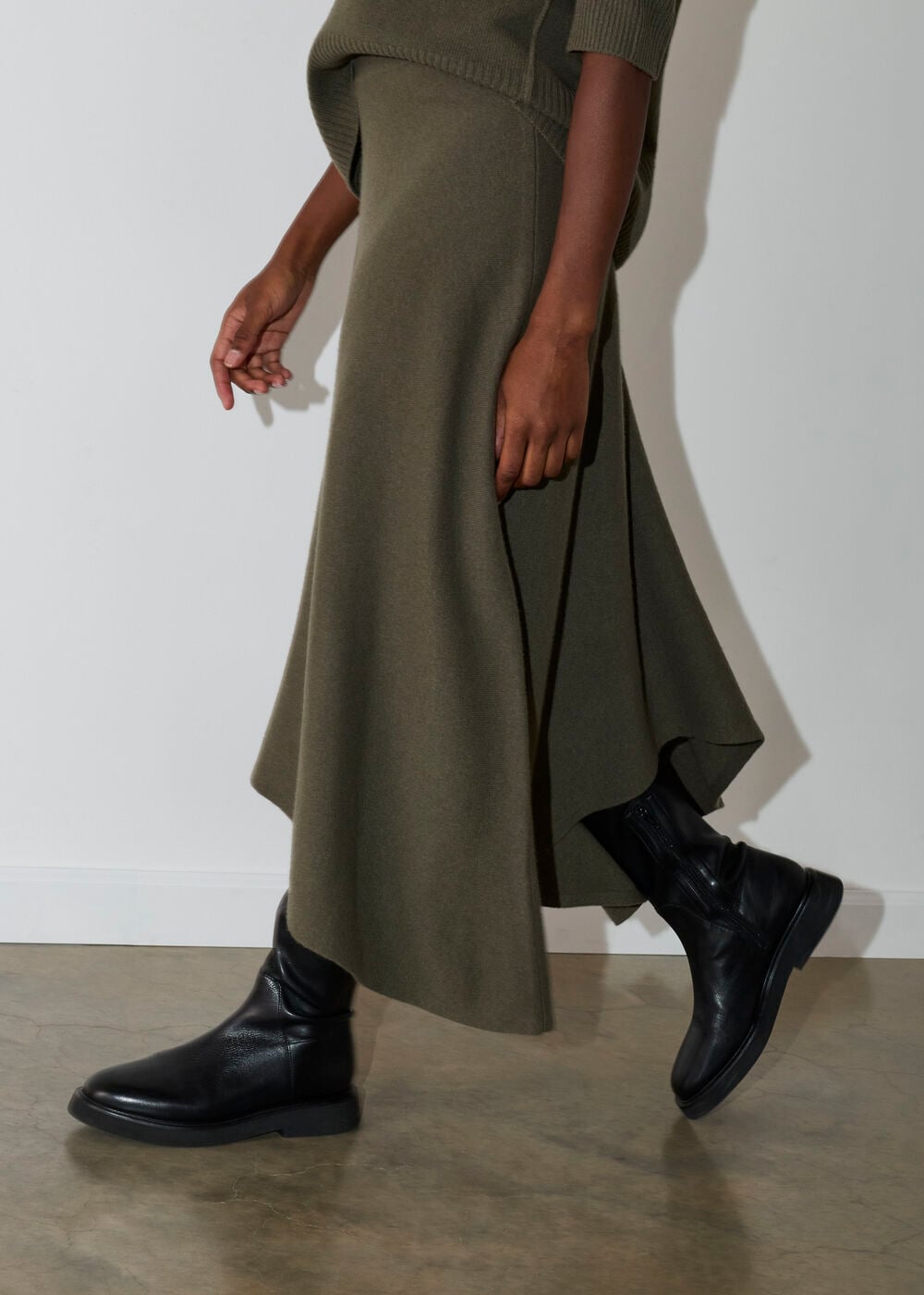 Khaki Asymmetric Hem Wool Knit Skirt