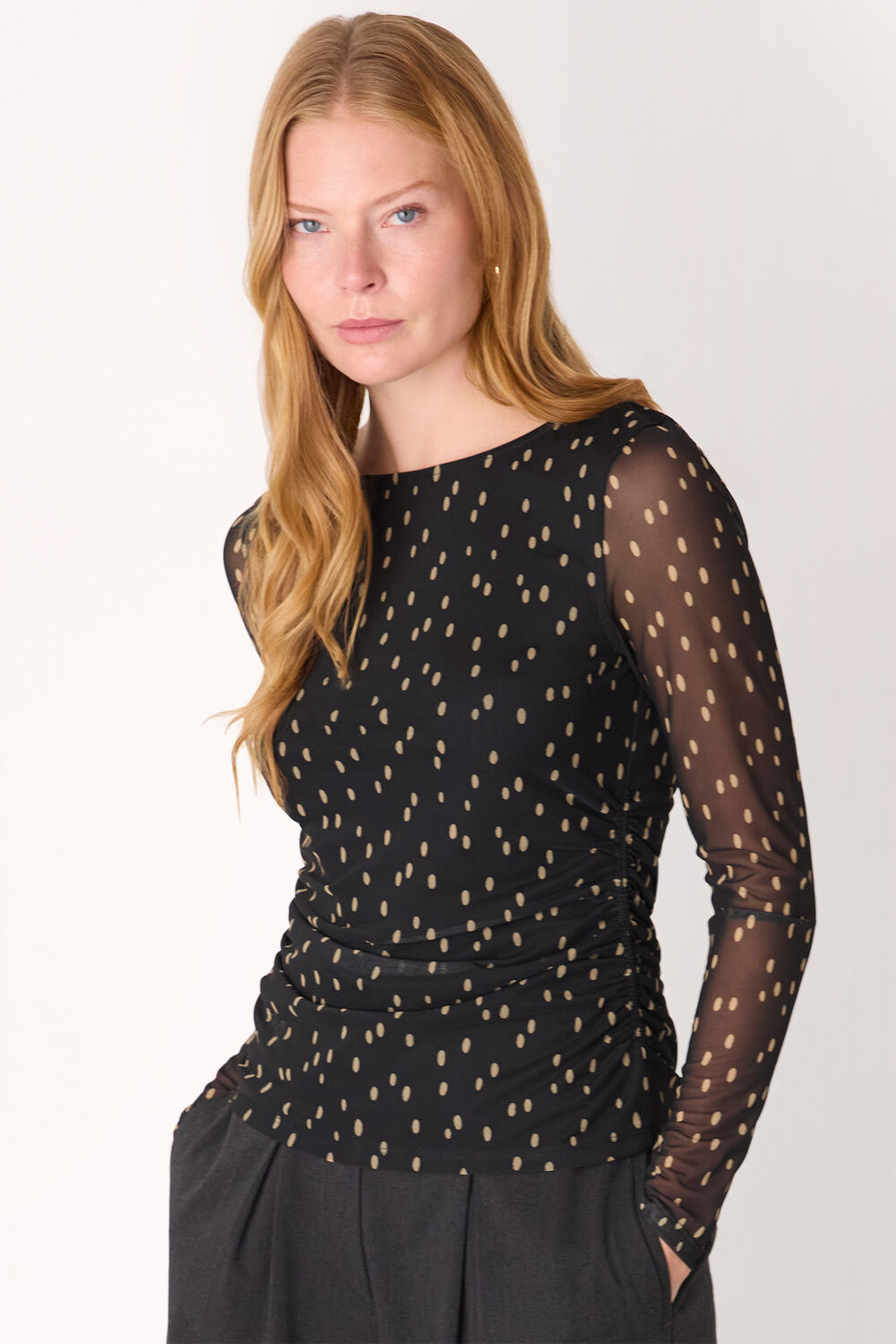 Black Spot Print Mesh Jersey Top