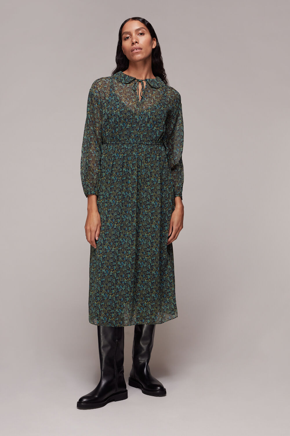 Green Stitch Floral Print Midi Dress