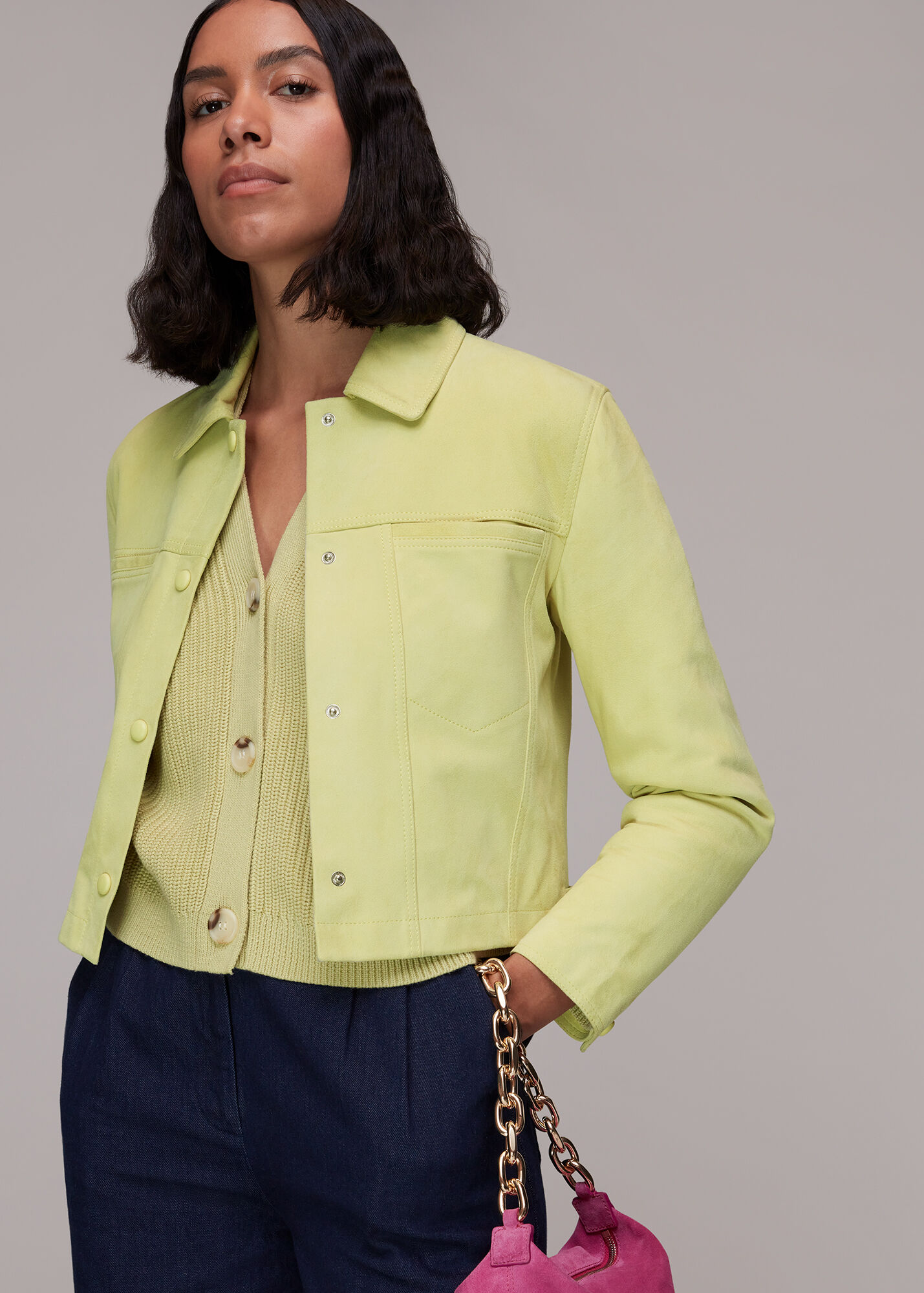 Lime Yuri Cropped Suede Jacket | WHISTLES