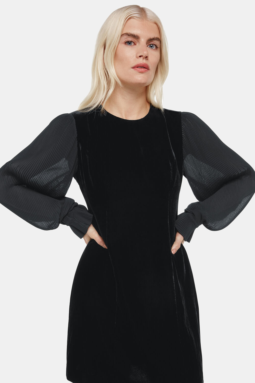 Petite Velvet Pleat Sleeve Mini Dress
