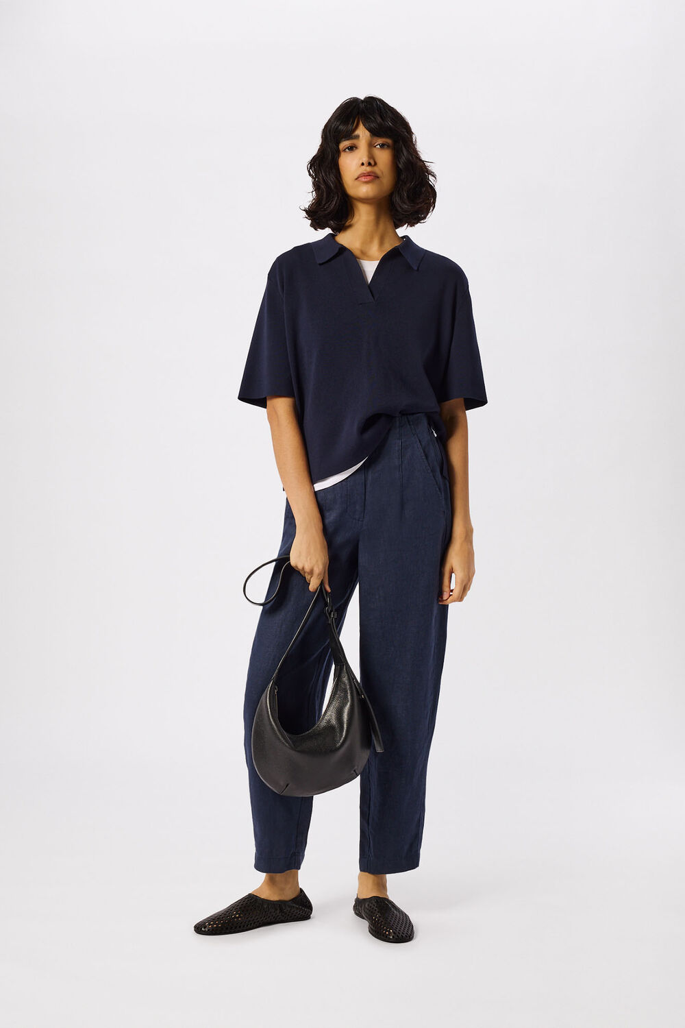 Navy Petite Linen Barrel Leg Trouser