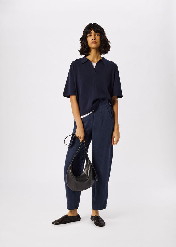 Navy Petite Linen Barrel Leg Trouser