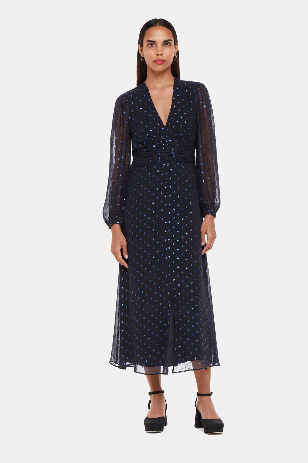 Navy Metallic Dobby Midi Dress