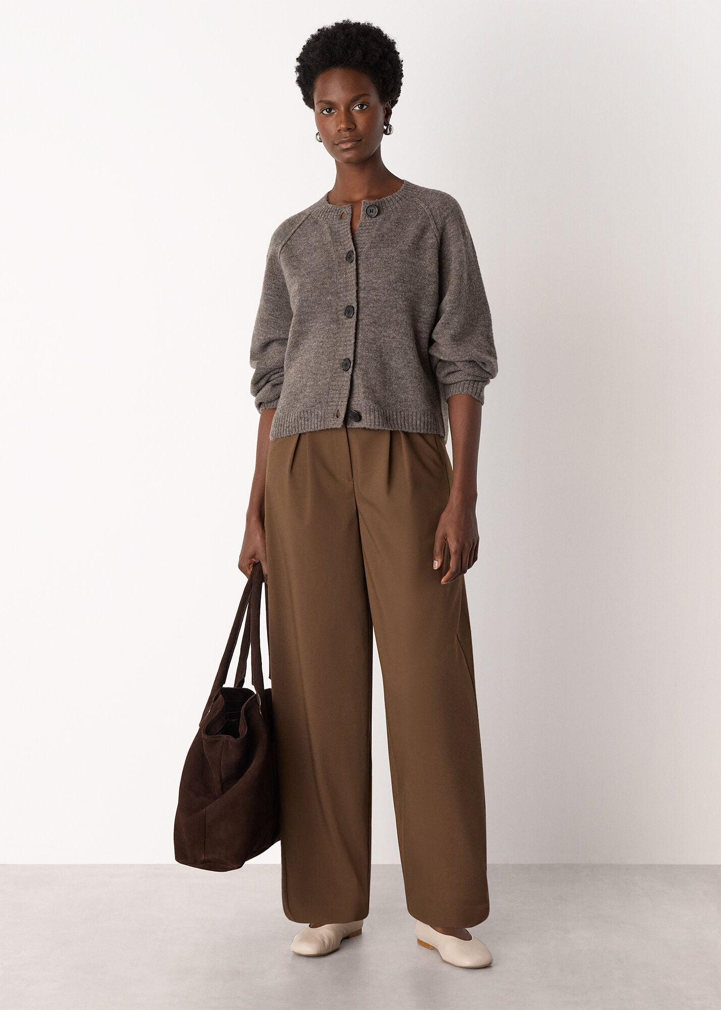 Taupe Wool Mix Round Neck Cardigan | WHISTLES | Whistles US |