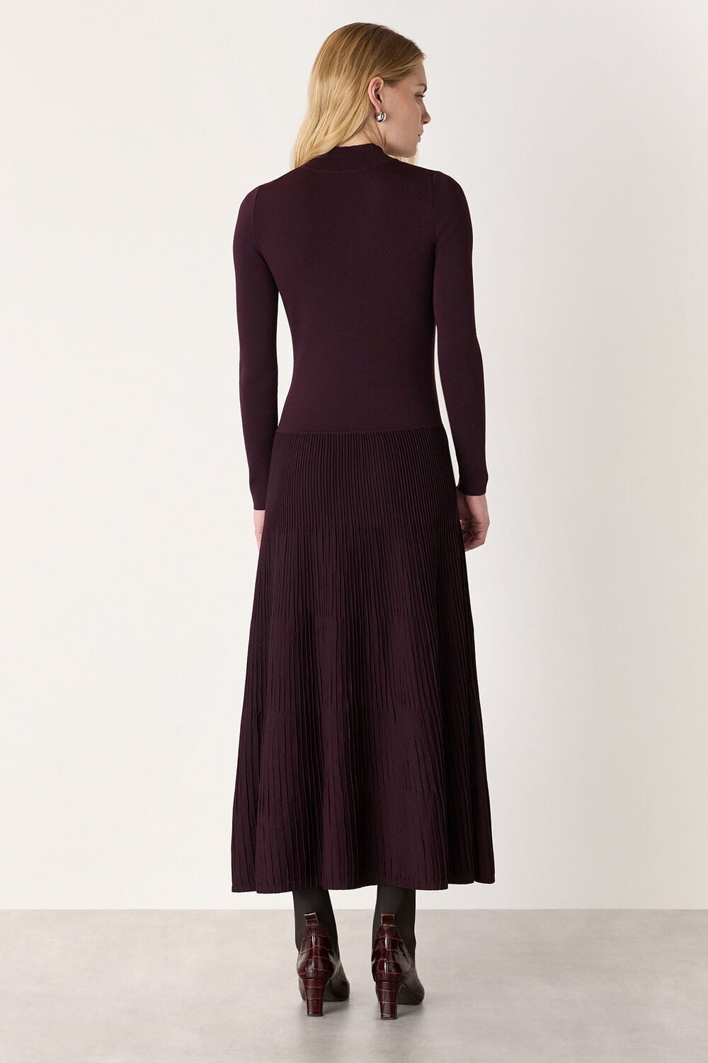 Plum Funnel Neck Pleated Knit Dress