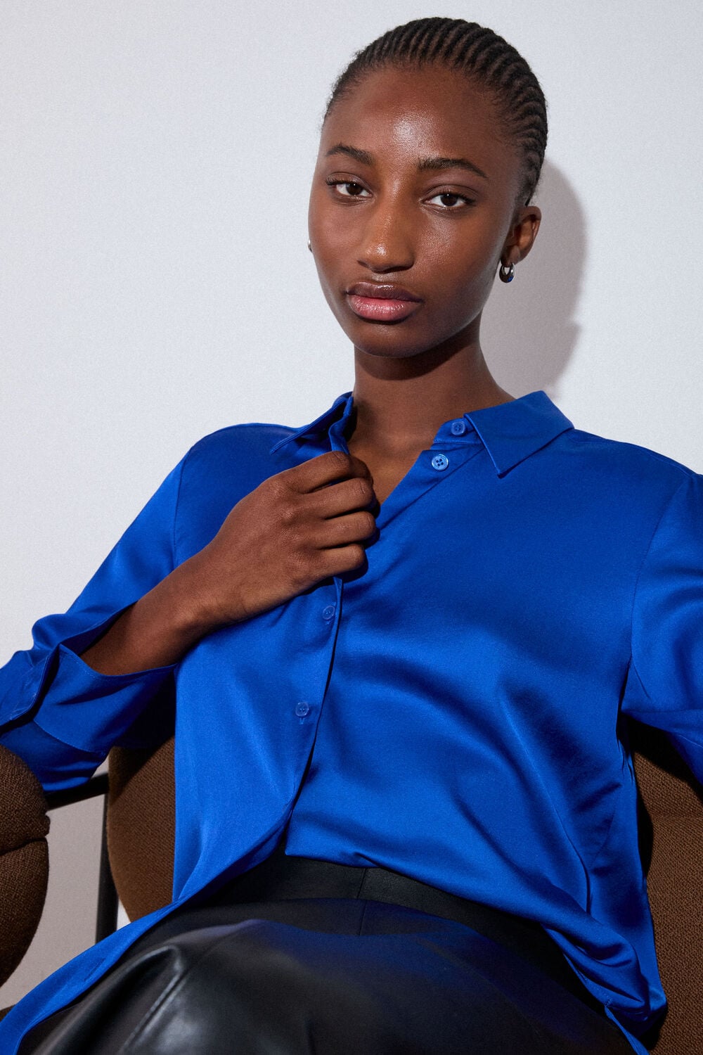 Blue Satin Viscose Collared Shirt
