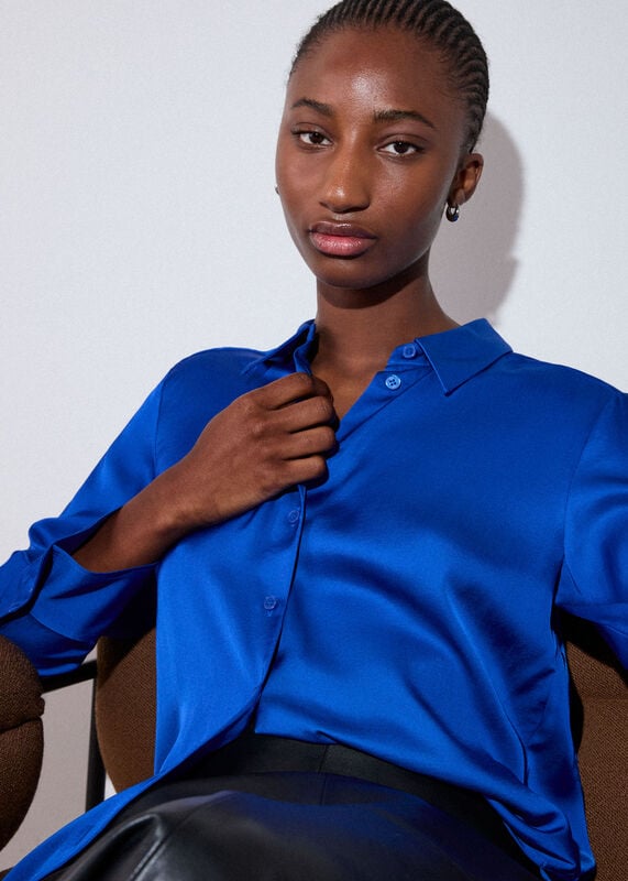 Blue Satin Viscose Collared Shirt