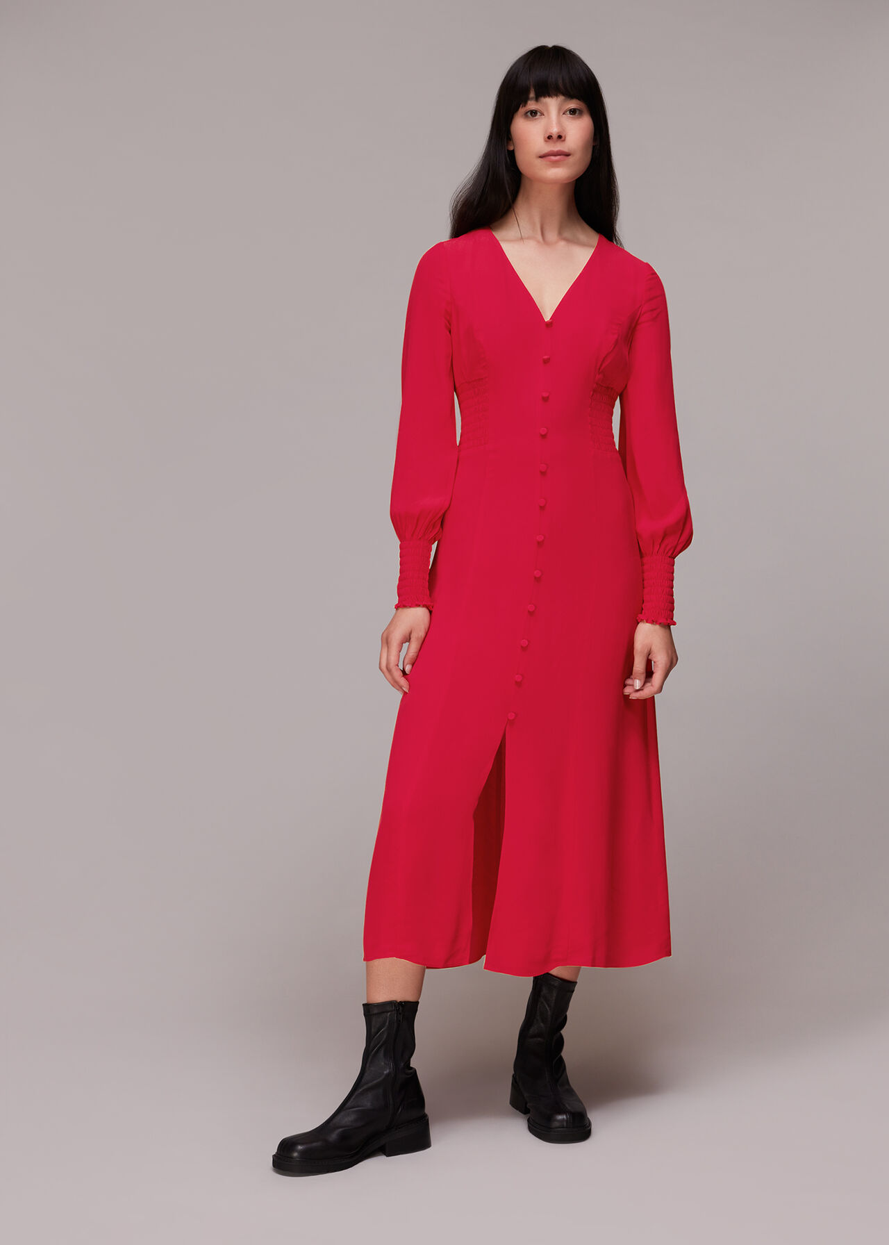 Pink Ilana Shirred Midi Dress | WHISTLES