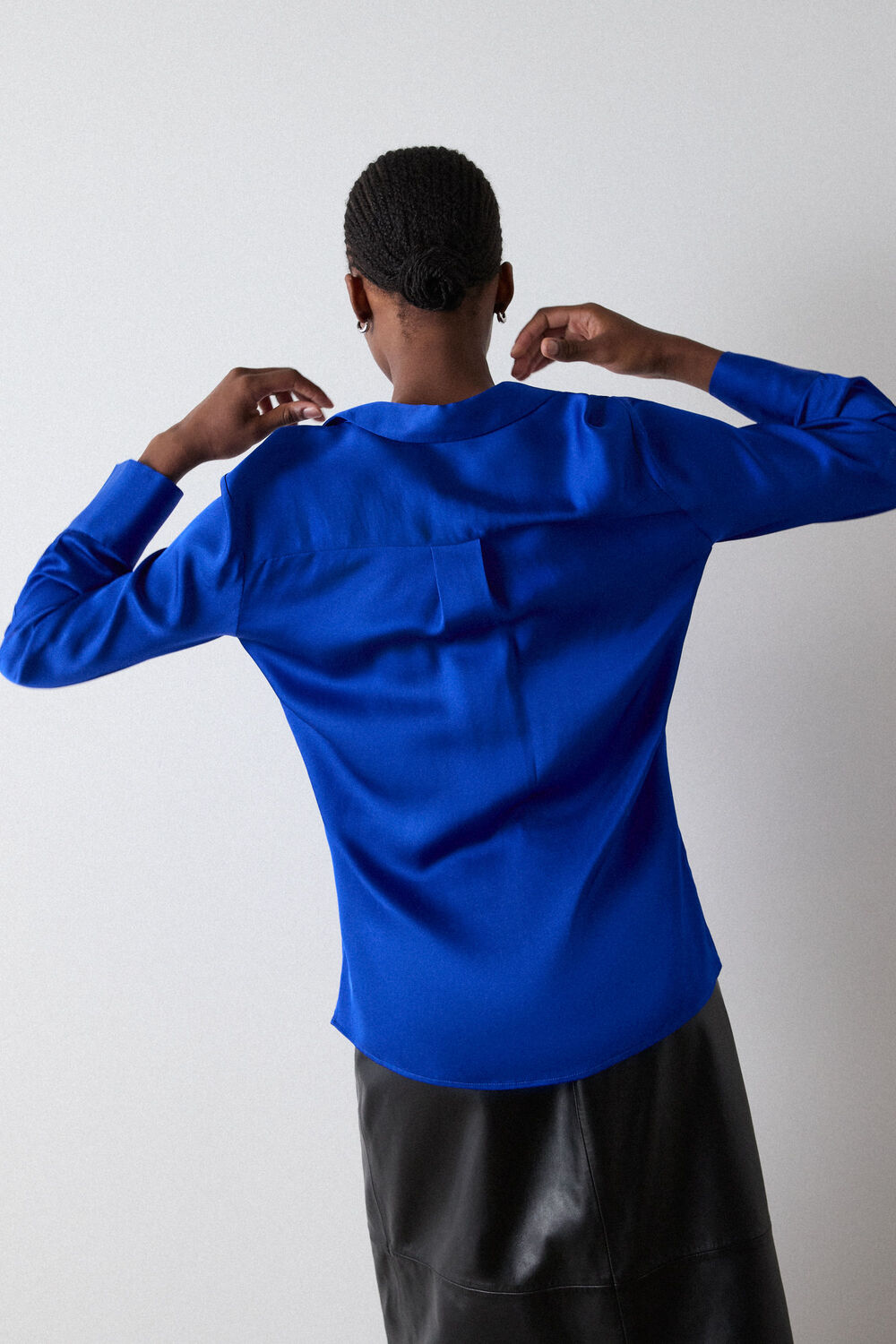 Blue Satin Viscose Collared Shirt