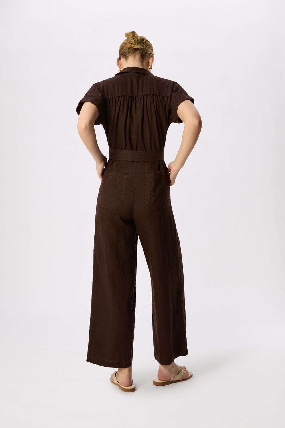 Brown Utility Linen Jumpsuit