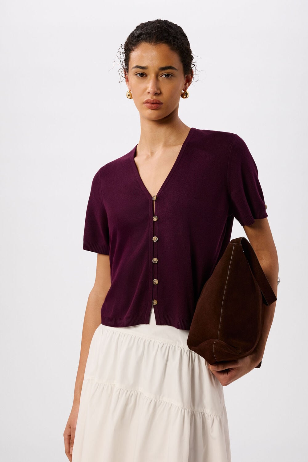 Plum Short Sleeve Button Front Knit