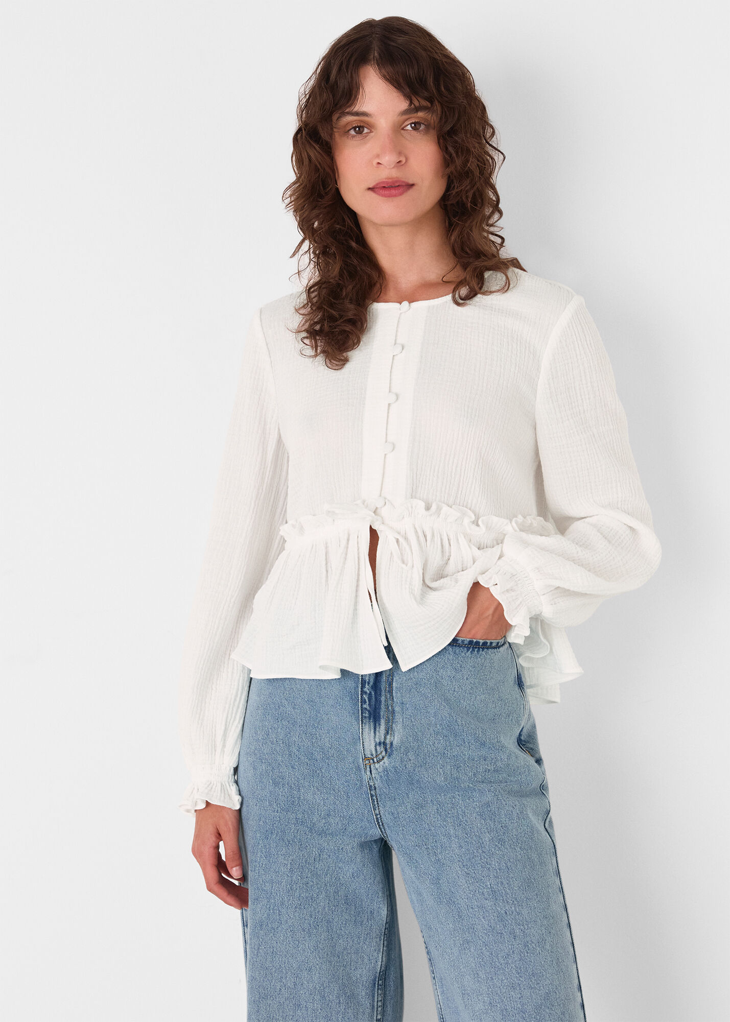White Cotton Frill Peplum Blouse | WHISTLES | Whistles US |
