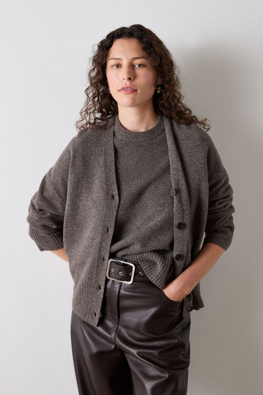 Neutral Wool V Neck Cardigan