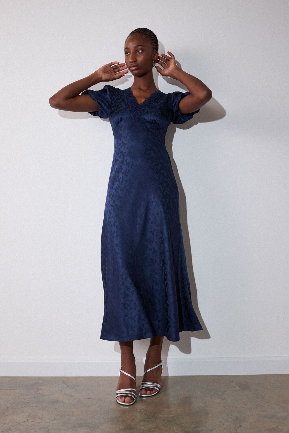 Navy Jacquard V Neck Midi Dress