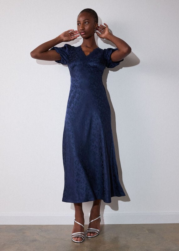 Navy Jacquard V Neck Midi Dress