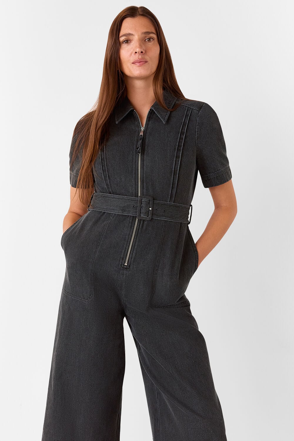 Denim Pintuck Belted Jumpsuit
