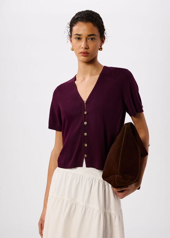 Plum Short Sleeve Button Front Knit