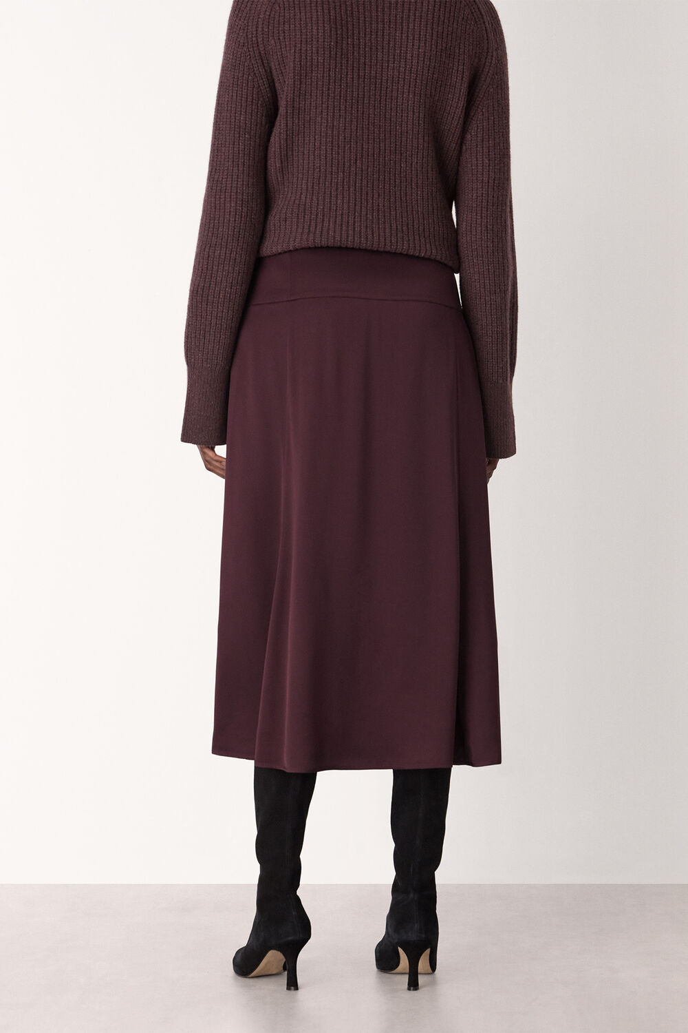 Burgundy Panel Waist Satin Midi Skirt