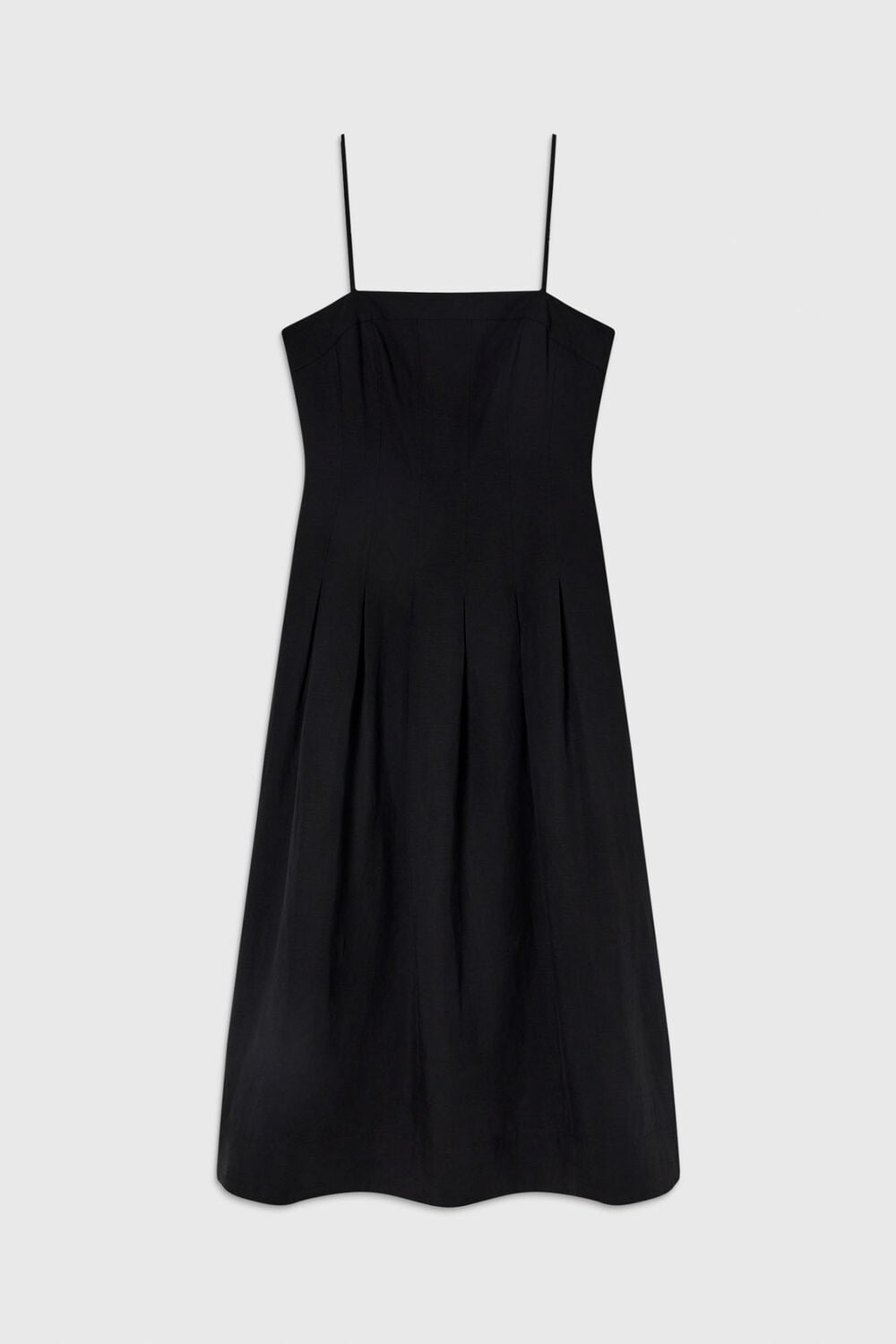 Black Linen Blend Waisted Midi Dress