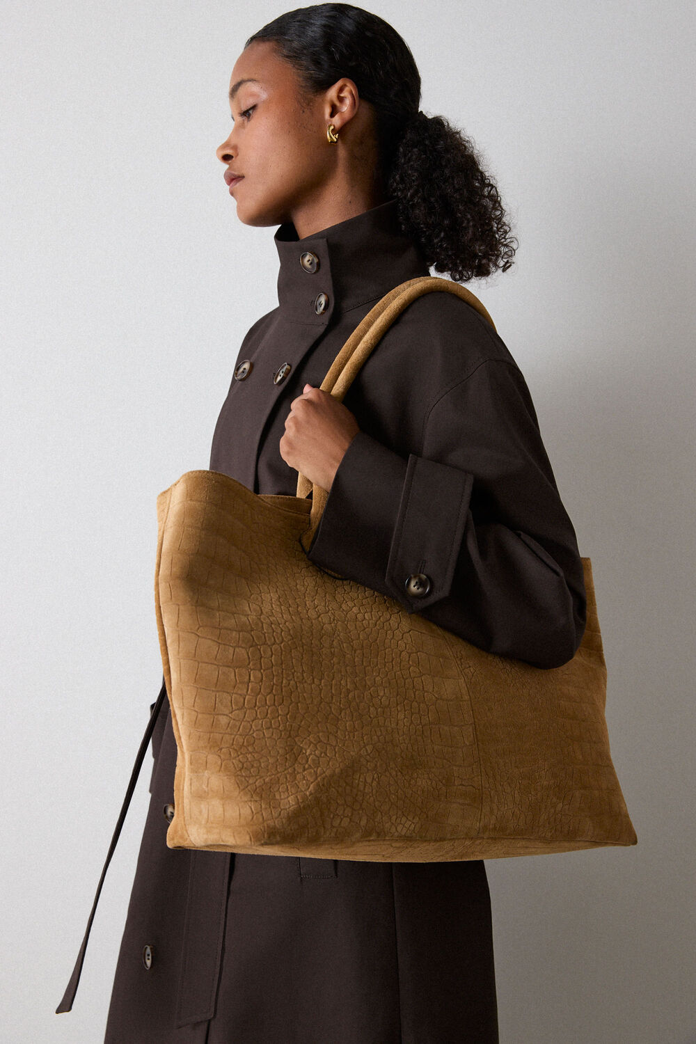 Neutral Leandra Croc Suede Tote Bag