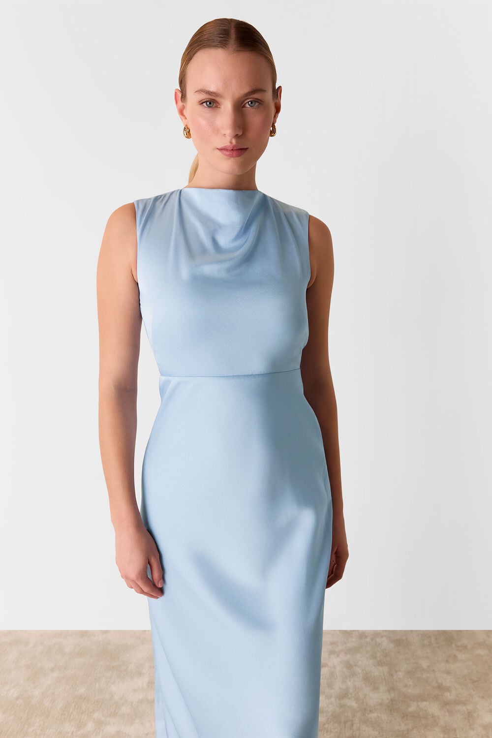 Pale Blue Cowl Neck Satin Maxi Dress