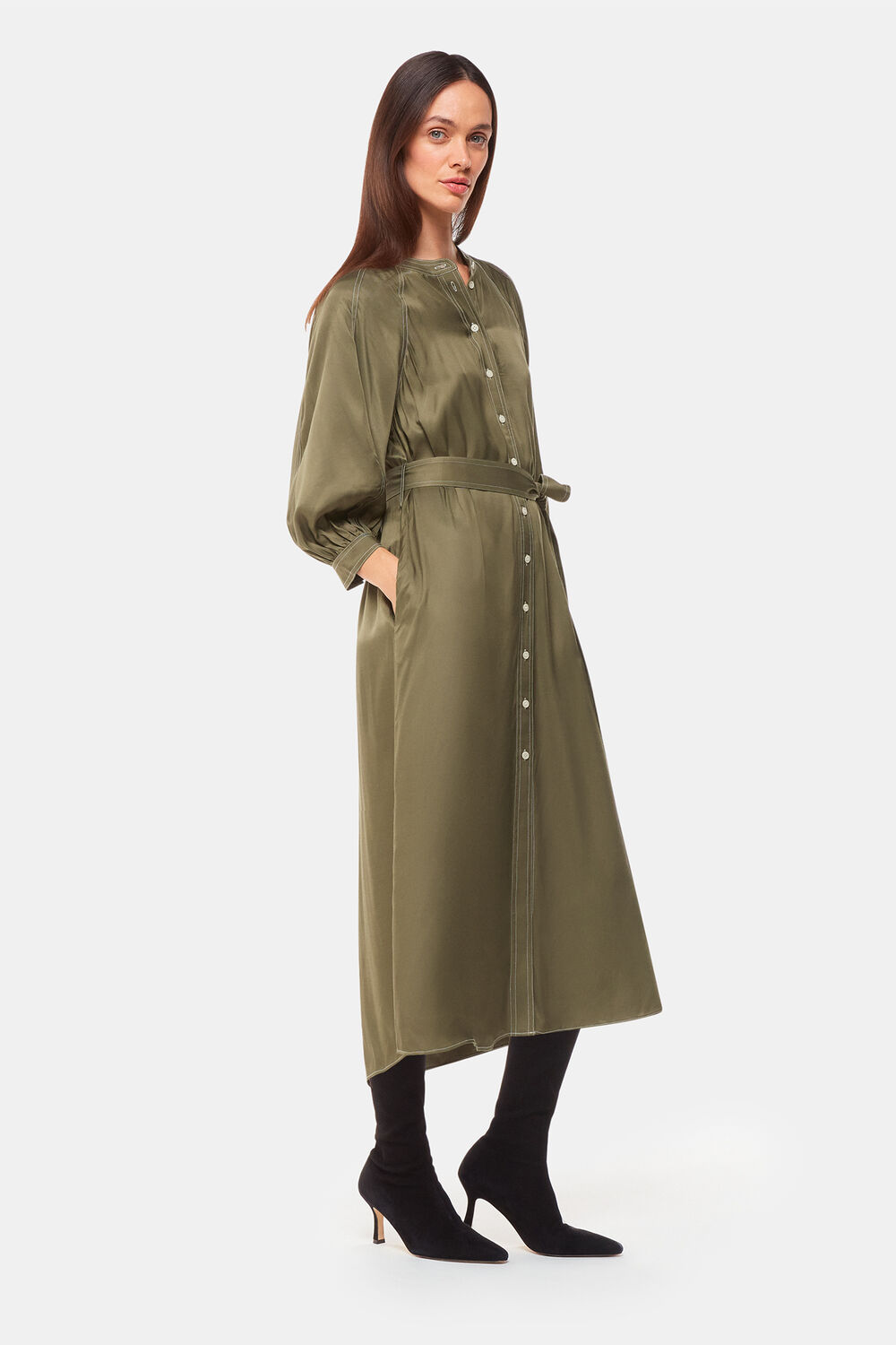 Khaki Mabel Topstitch Dress