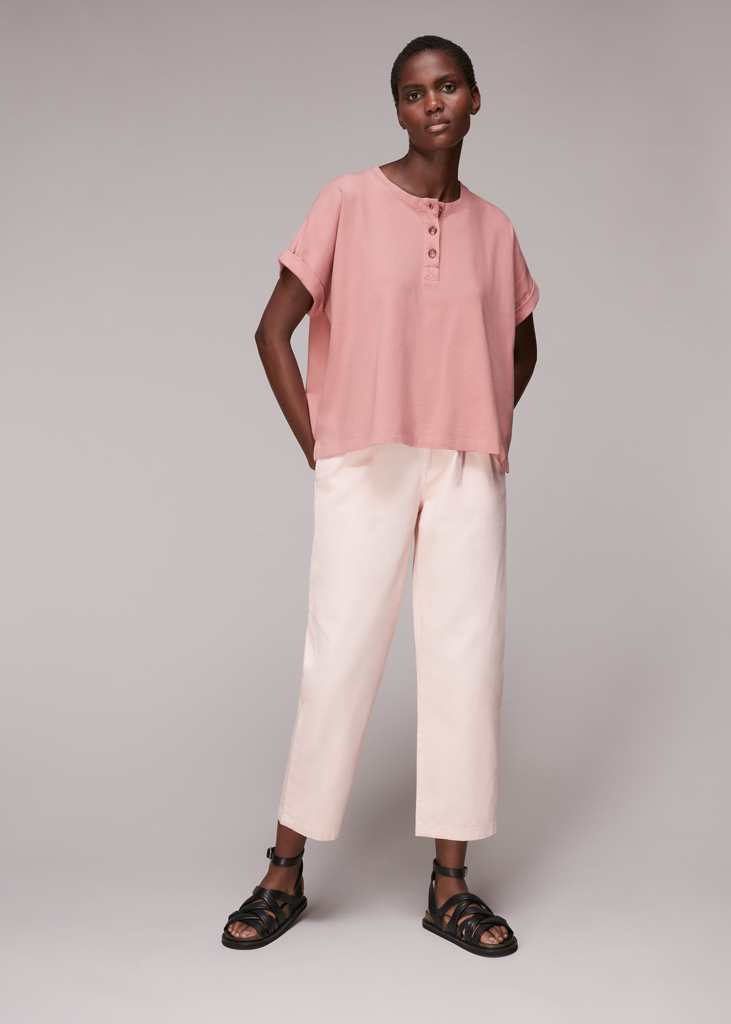 Pink Round Neck Henley Tee | WHISTLES | Whistles US |