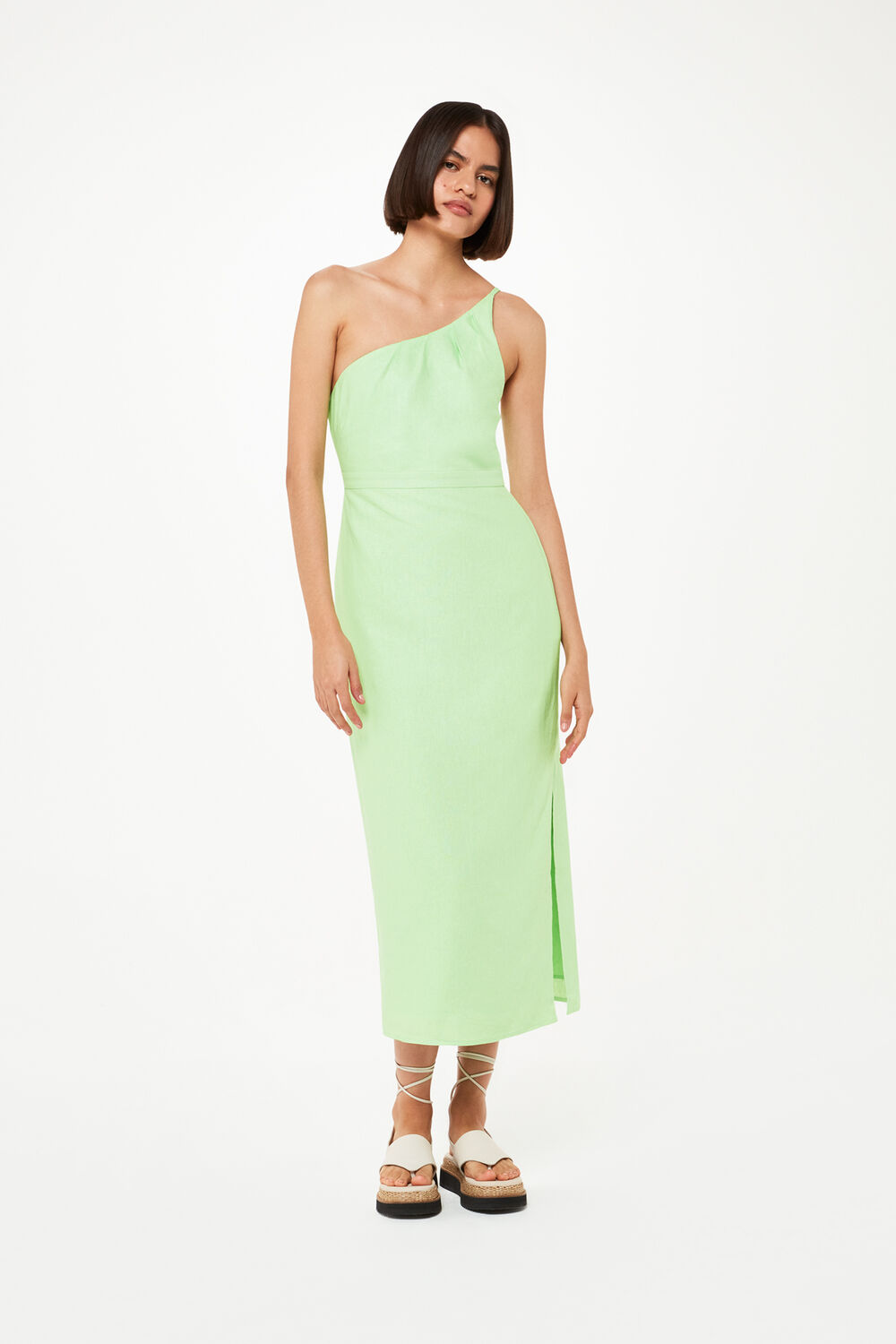 Lime One Shoulder Linen Mix Dress