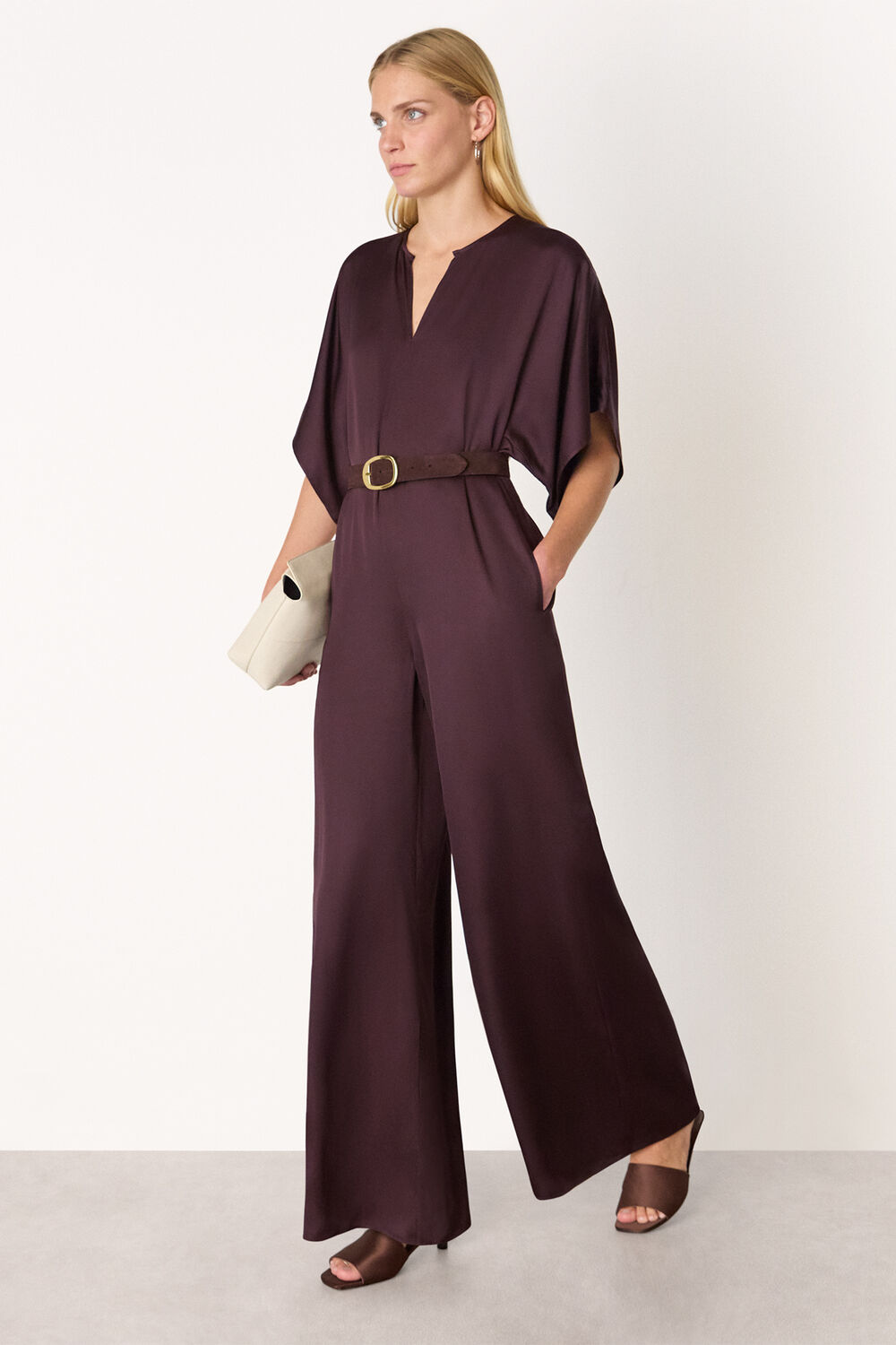 Burgundy Satin Short Sleeve Jumpsuit