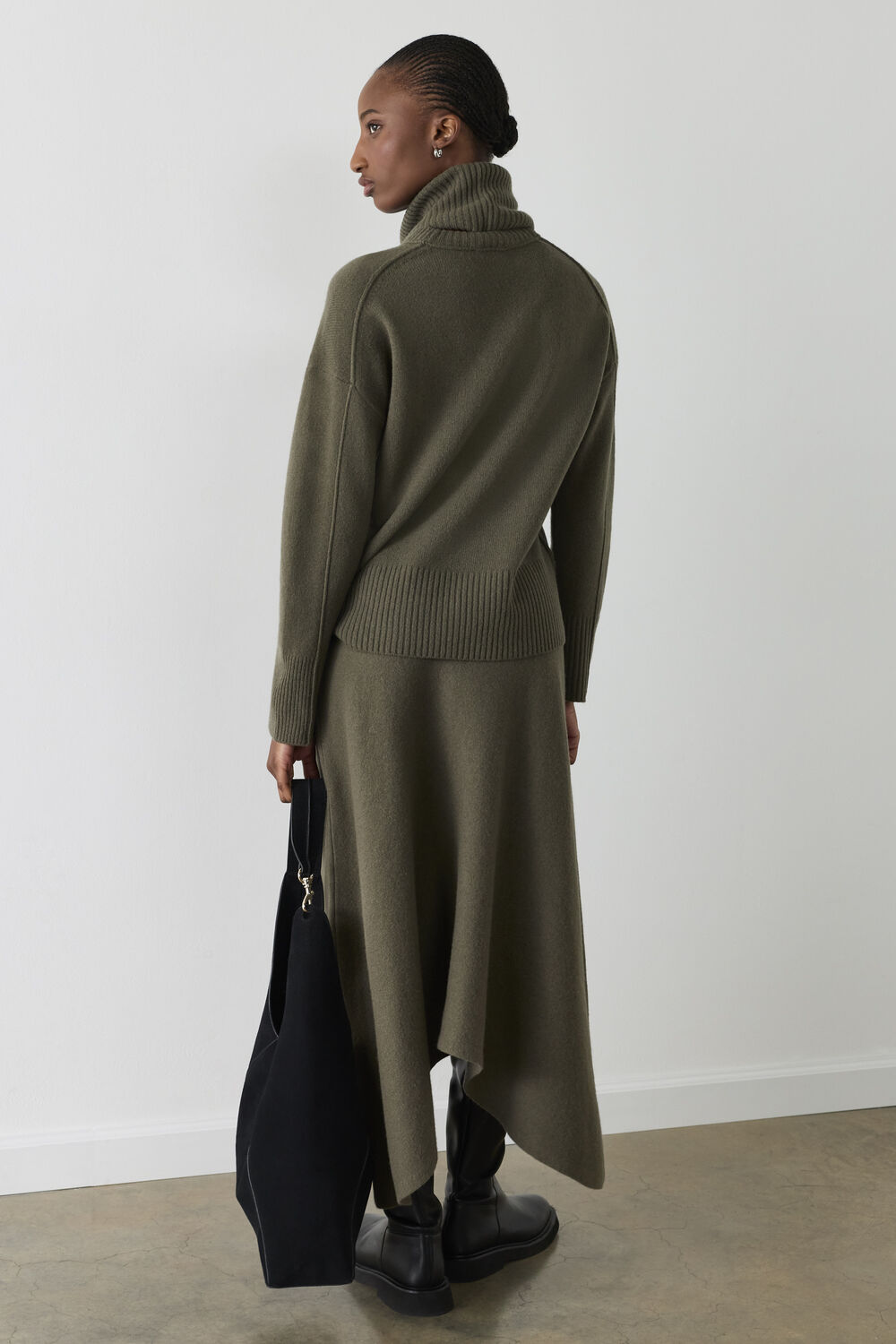 Khaki Asymmetric Hem Wool Knit Skirt