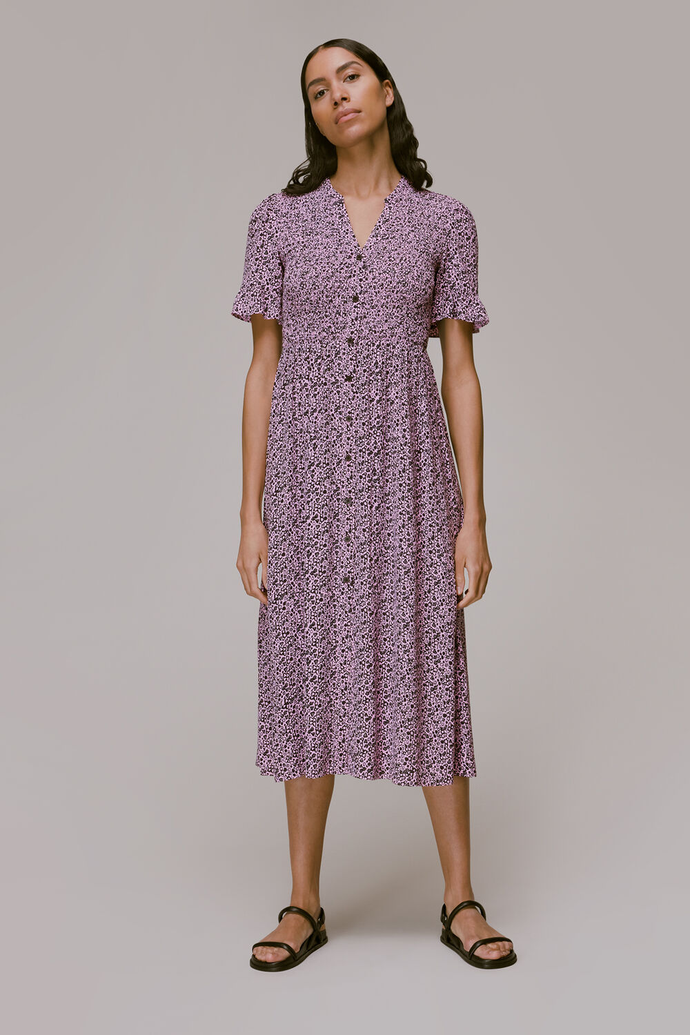 Pink Aria Flower Stamp Midi Dress