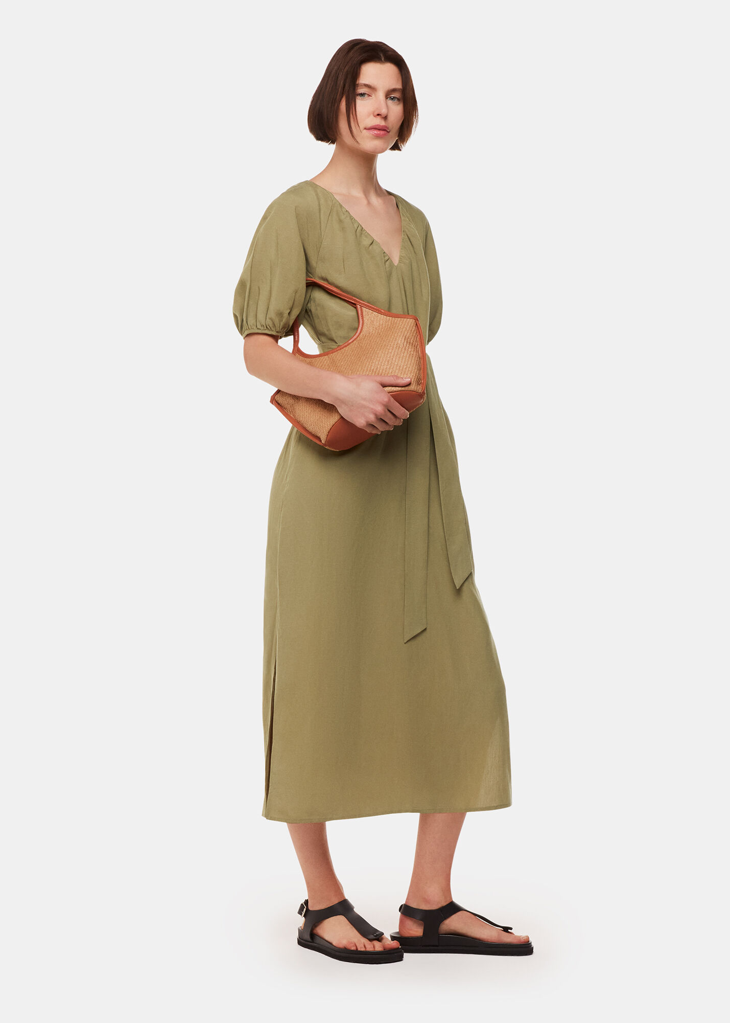 Khaki Ariella Linen Blend Midi Dress | WHISTLES | Whistles US |