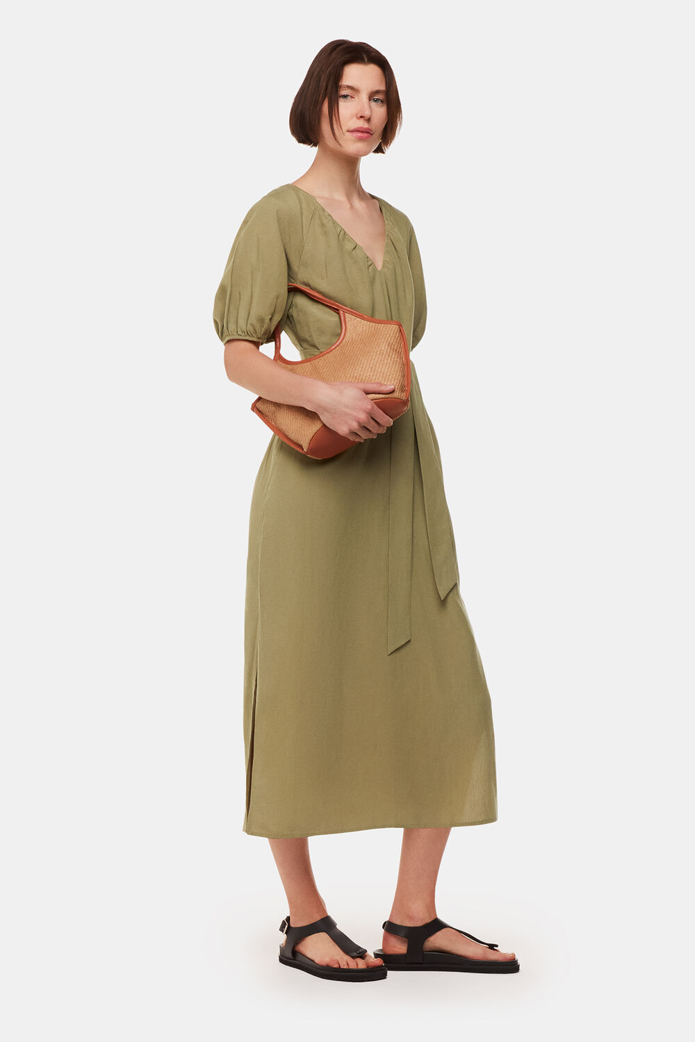 Khaki Ariella Linen Blend Midi Dress