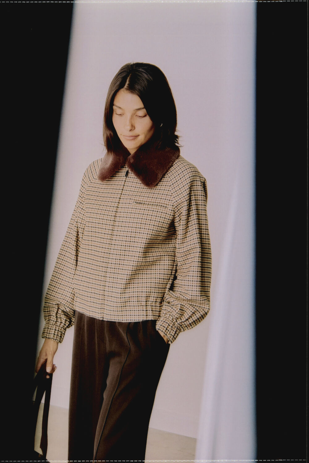 Brown Faux Fur Collar Check Bomber